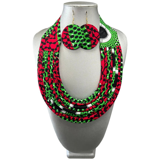 Women's African Printed Single Layer Fabric Necklace Set with Round Earrings