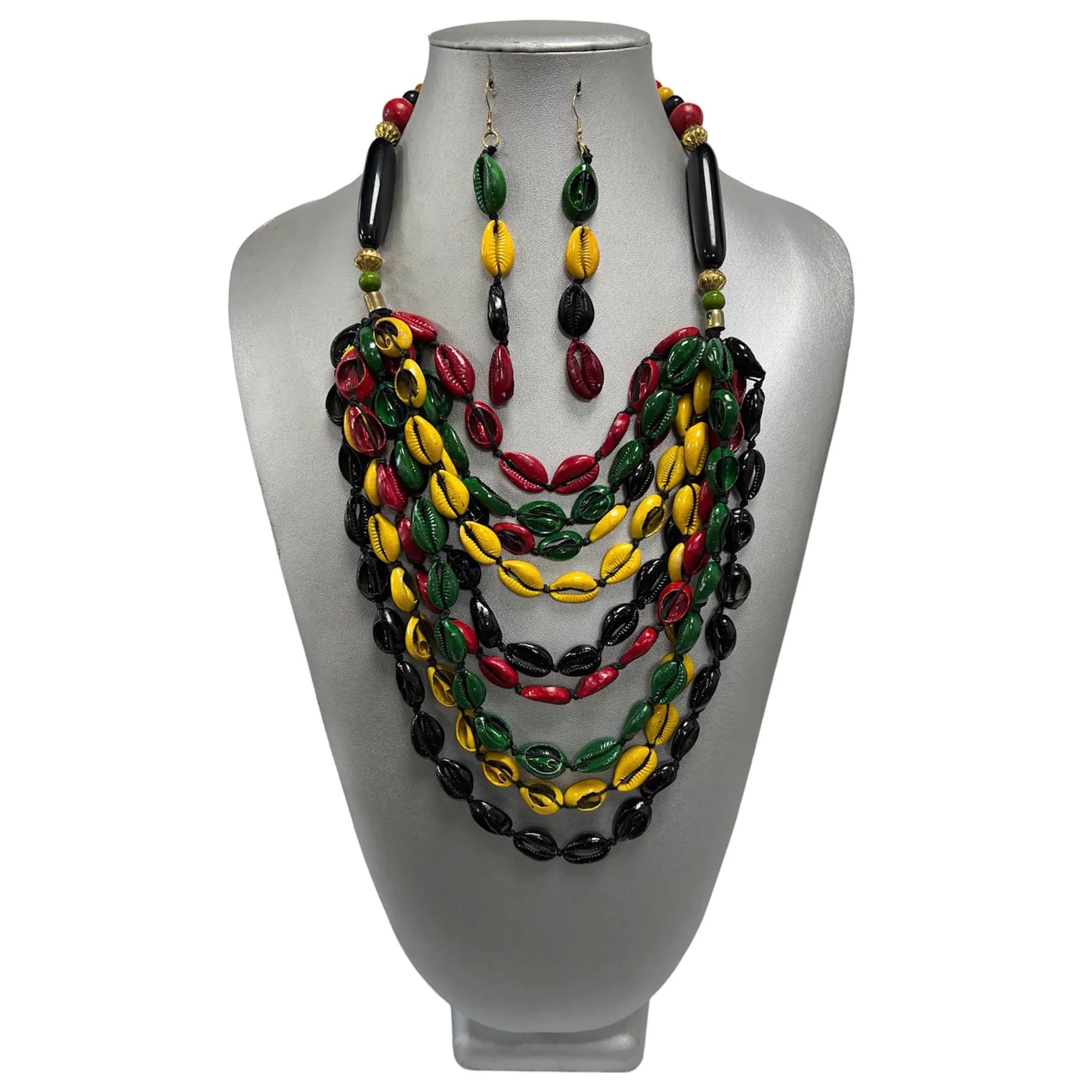 Women's Multi Strand Cowrie Shell Necklace Set -- Rasta